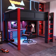 Hochbett 140x200 cm in pino, con scrivania gaming, armadio, scaffali e illuminazione LED, nero e rosso