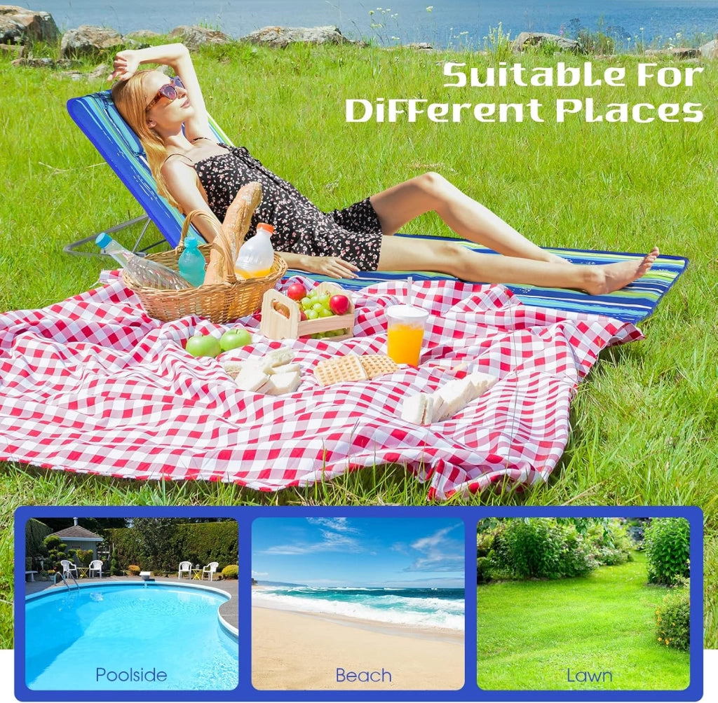 Set di 2 Materassi da Spiaggia Pieghevoli e Tavolino, Sedie a Sdraio da Spiaggia Regolabili in 5 Posizioni con Poggiatesta Rimovibile, Tasca per Giardino, Campeggio (Blu+Verde)