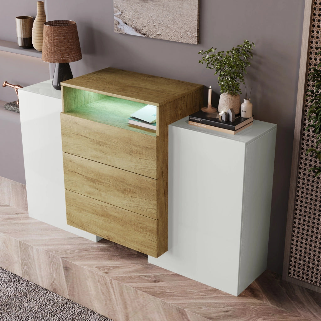 OKWISH Credenza Contenitore con 2 Ante 3 Cassetti 2 Ripiani e 1 Vano, LED, per Soggiorno, MDF, 140 x 30 x 77.5 cm