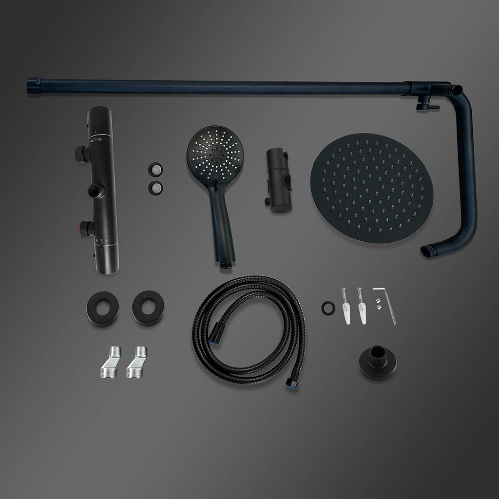 Colonne doccia nero, soffione doccia rotondo da 20cm acciaio inox, miscelatore termostatico doccia tondo antiscottature