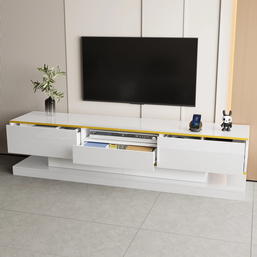 Mobile TV 180x38x45 cm; 3 cassetti con LED a colori e finitura lucida; truciolare bianco