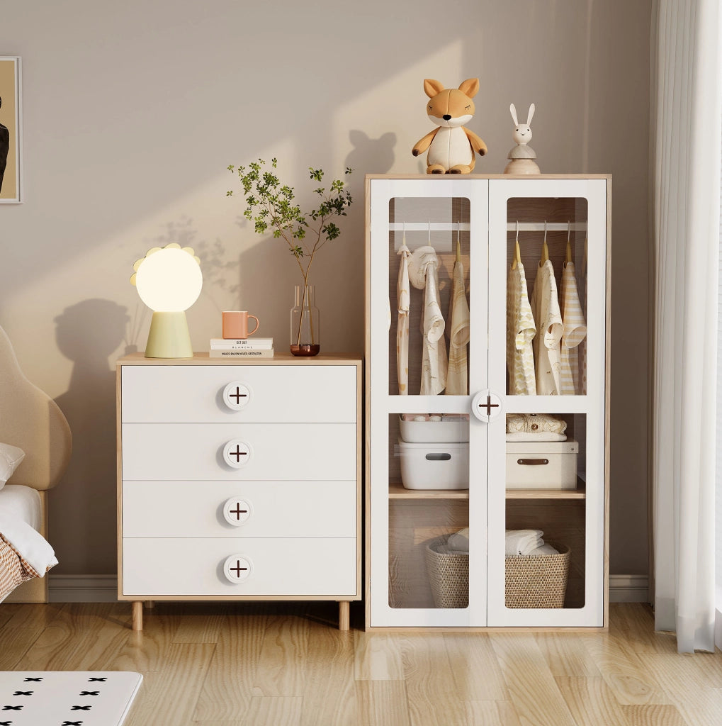 Comò bianco e effetto legno con 4 cassetti, 80×54×90 cm