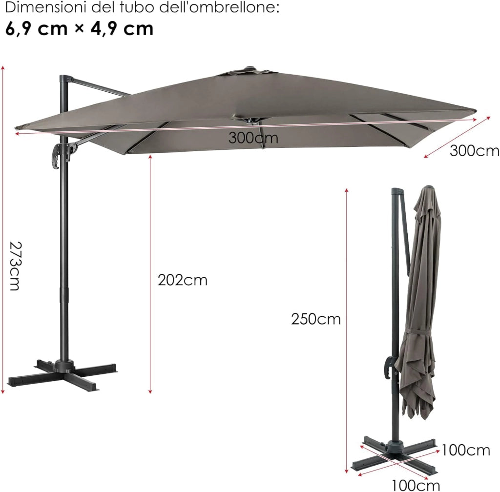 Ombrellone da Giardino 300 x 300cm | 3 Inclinazioni, Rotazione 360°, Manovella, 8 Stecche, Base Incrociata per Esterno (Grigio, 300 x 300 x 273 cm)