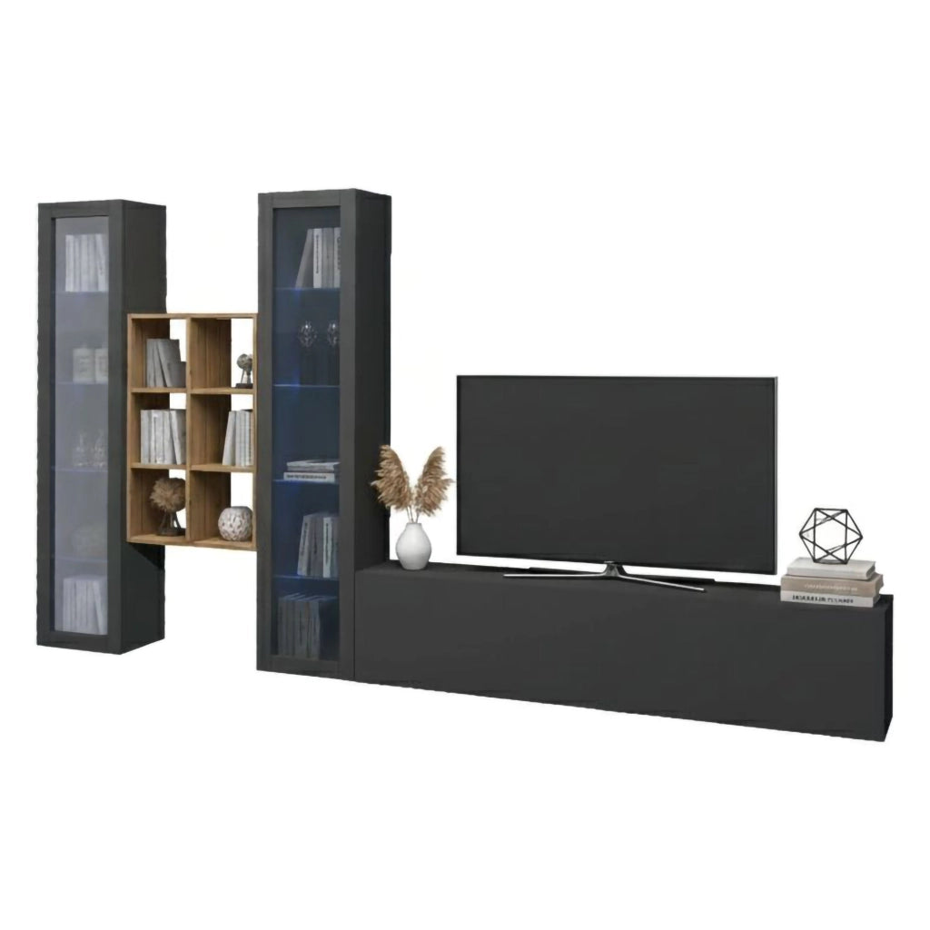 Mobile Soggiorno Lome, Parete Attrezzata 15 Ripiani Made in Italy, 320x30x180h cm Nero Antracite