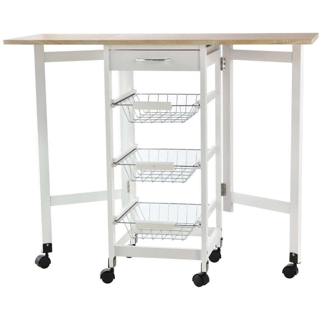 Easycomfort Carrello Portavivande Pieghevole a 6 Ruote con 3 Cestini, Cassetto e 2 Ribalte, Carrellino per Cucina in MDF e Metallo, 37x37x77.5 cm, Bianco e Legno