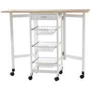 Easycomfort Carrello Portavivande Pieghevole a 6 Ruote con 3 Cestini, Cassetto e 2 Ribalte, Carrellino per Cucina in MDF e Metallo, 37x37x77.5 cm, Bianco e Legno