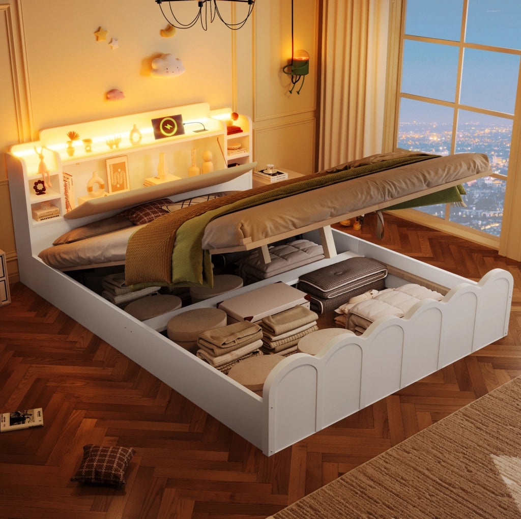 Letto 140x200 cm con contenitore; LED e USB in truciolare bianco