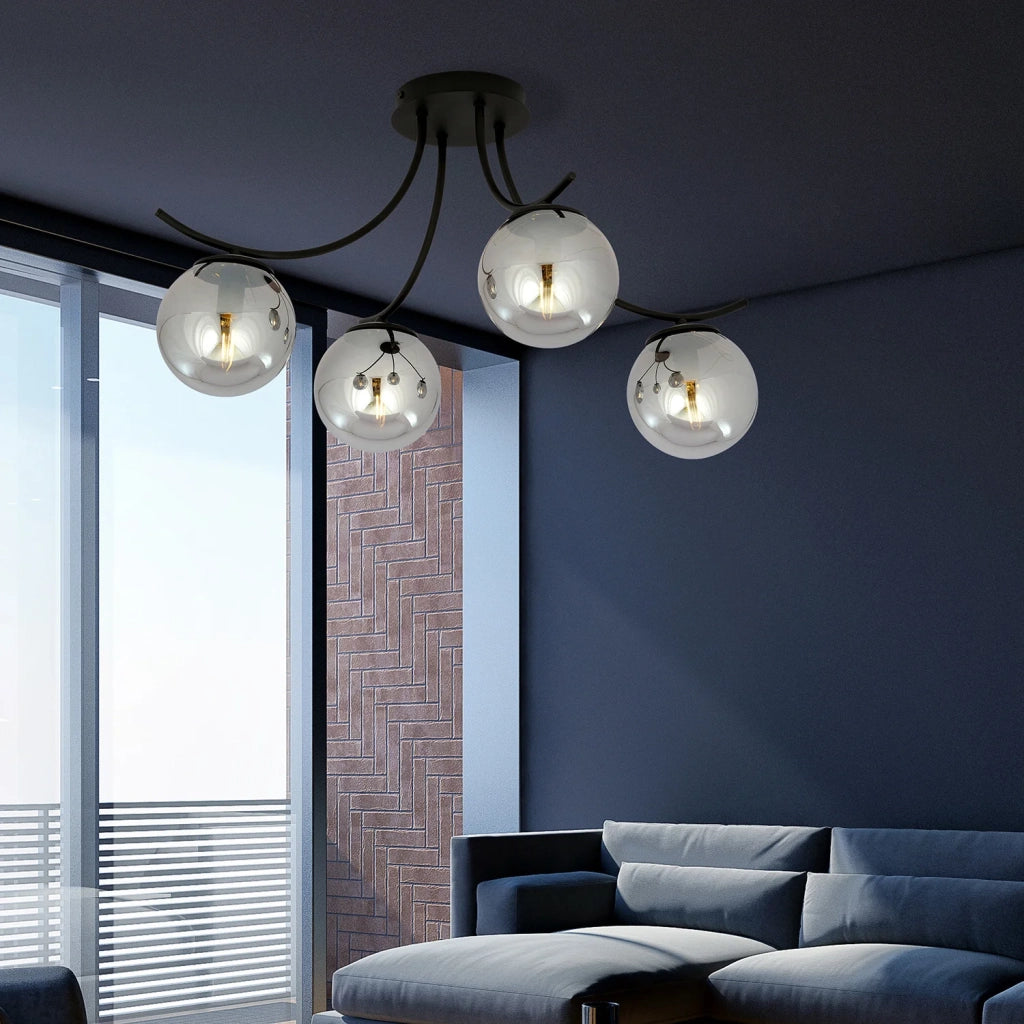 Plafoniera Moderna 4 Luci Coeo In Acciaio Nero E Diffusori In Vetro Fumè