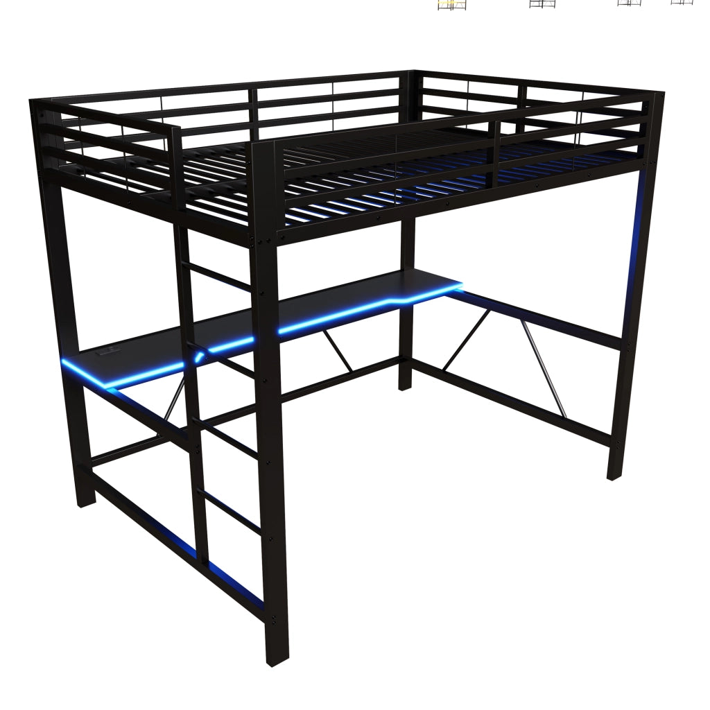 Letto a soppalco 140 × 200 cm con scrivania, LED e protezione rialzata, senza materasso, nero