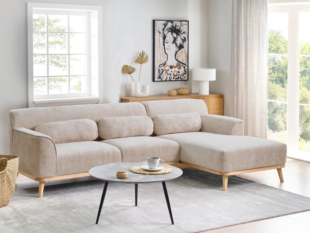 Divano angolare 3 posti sinistro imbottito in ciniglia beige con funzione di dormiente e schienale imbottito estraibile Gambe in legno