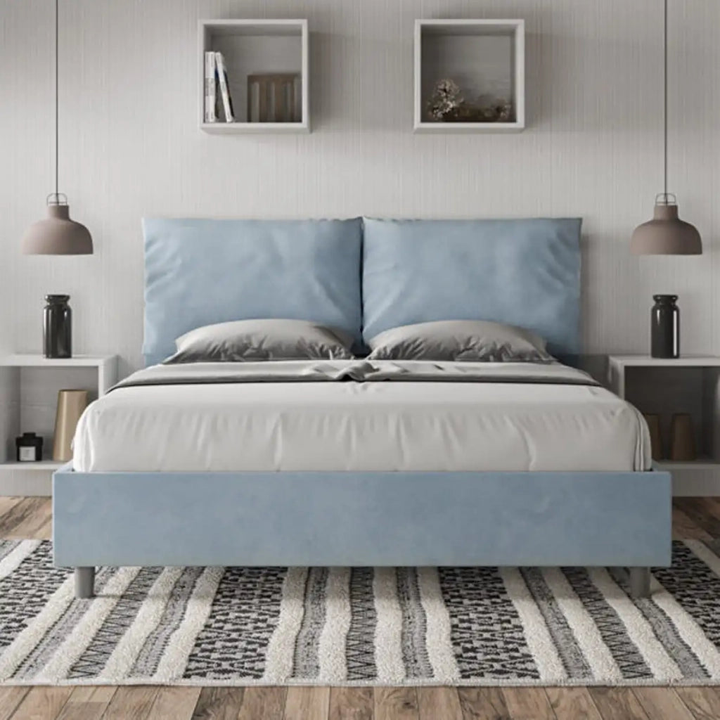 Letto matrimoniale senza rete imbottito 160x190 microfibra azzurro Antea