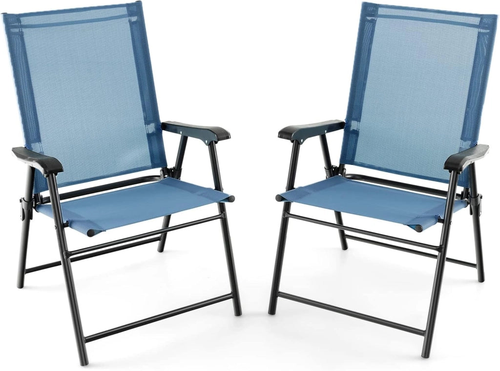 Set di 2 sedie da giardino pieghevoli, pieghevoli, con schienale alto e bracciolo, resistenti alle intemperie, in metallo e tessuto, portata fino a 150 kg (azzurro)