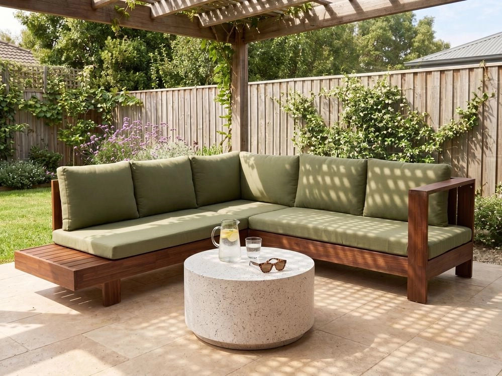 Set Lounge da Giardino ad Angolo Sinistro da 5 Posti con Tavolino Laterale e Cuscini Verdi in Legno di Acacia Certificato Chiaro