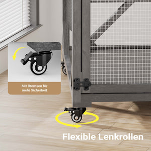 Recinto per gatti da esterno 74 x 78 x 180 cm, legno di abete, più livelli, 2 porte, con rotelle, recinto per gatti per giardino, balcone, rifugi