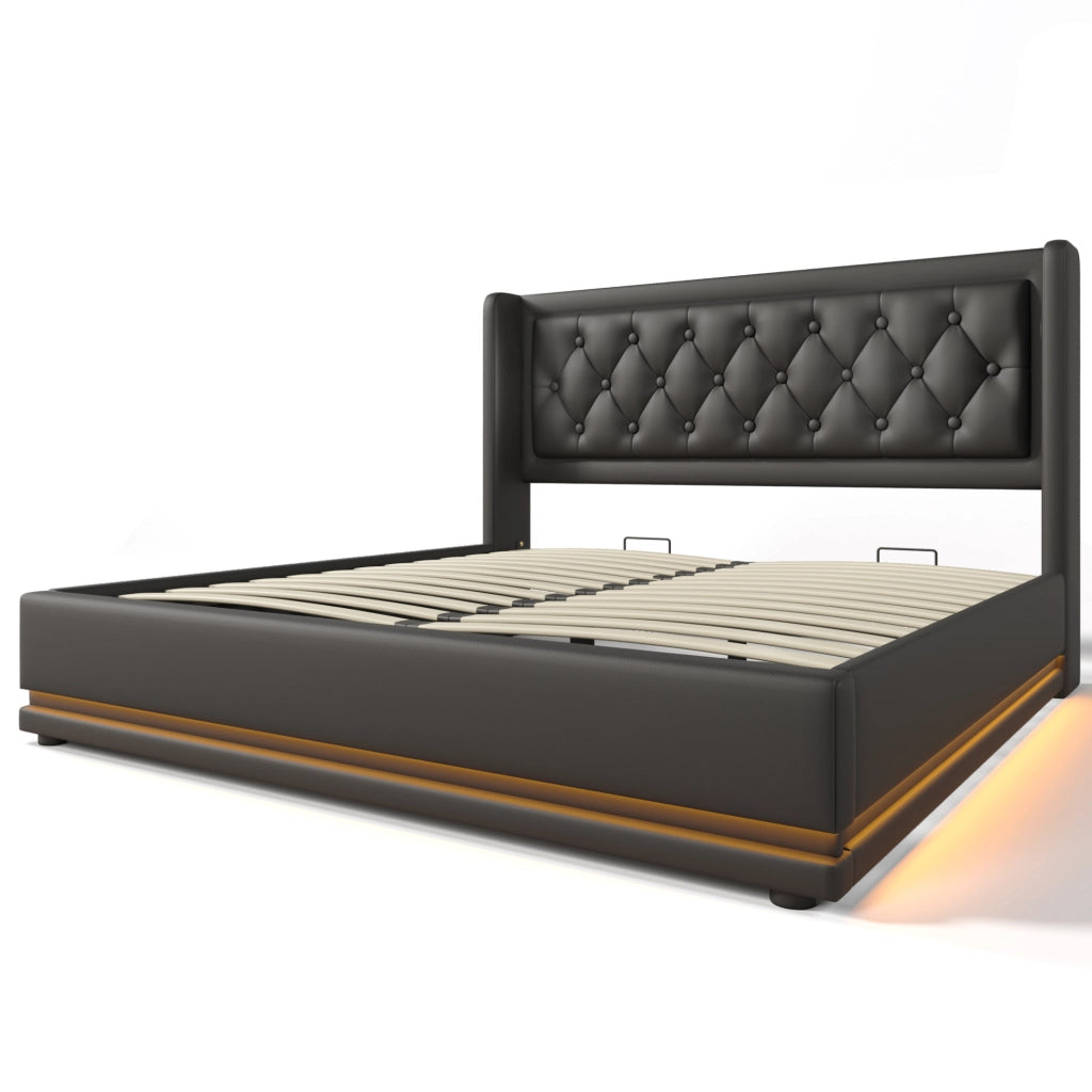 Letto matrimoniale 160x200 cm in PU nero con contenitore; testiera imbottita; LED e USB-C