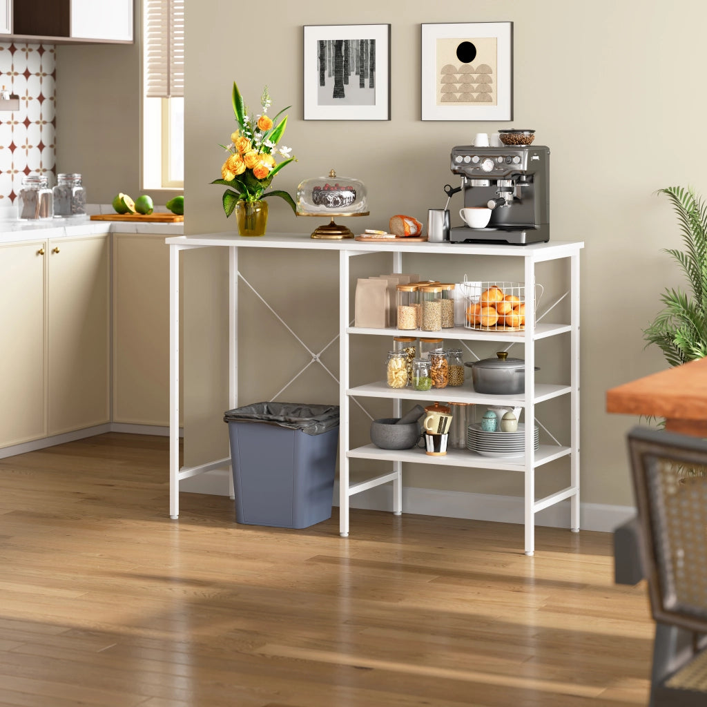 Tavolo organizer multifunzione con ripiani componibili, struttura in metallo bianco e piano bianco