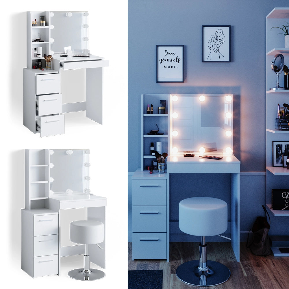 Vicco Tavolo da toeletta Bianco 80 cm con illuminazione LED e sgabello