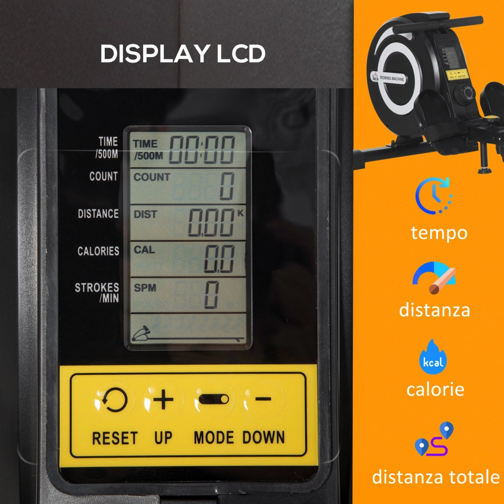 EasyComfort Vogatore Magnetico Pieghevole per Allenamento a Casa, Volano Regolabile su 8 Livelli e Monitor LCD, 185x58x57cm, Nero
