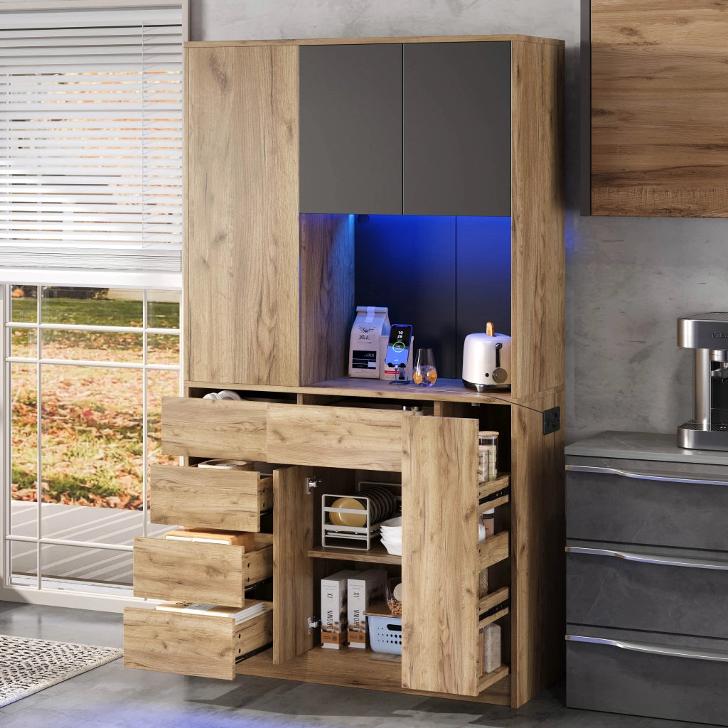 Credenza da cucina con LED e presa, ripiani regolabili, portabottiglie, MDF nero naturale 105 × 40 × 185 cm
