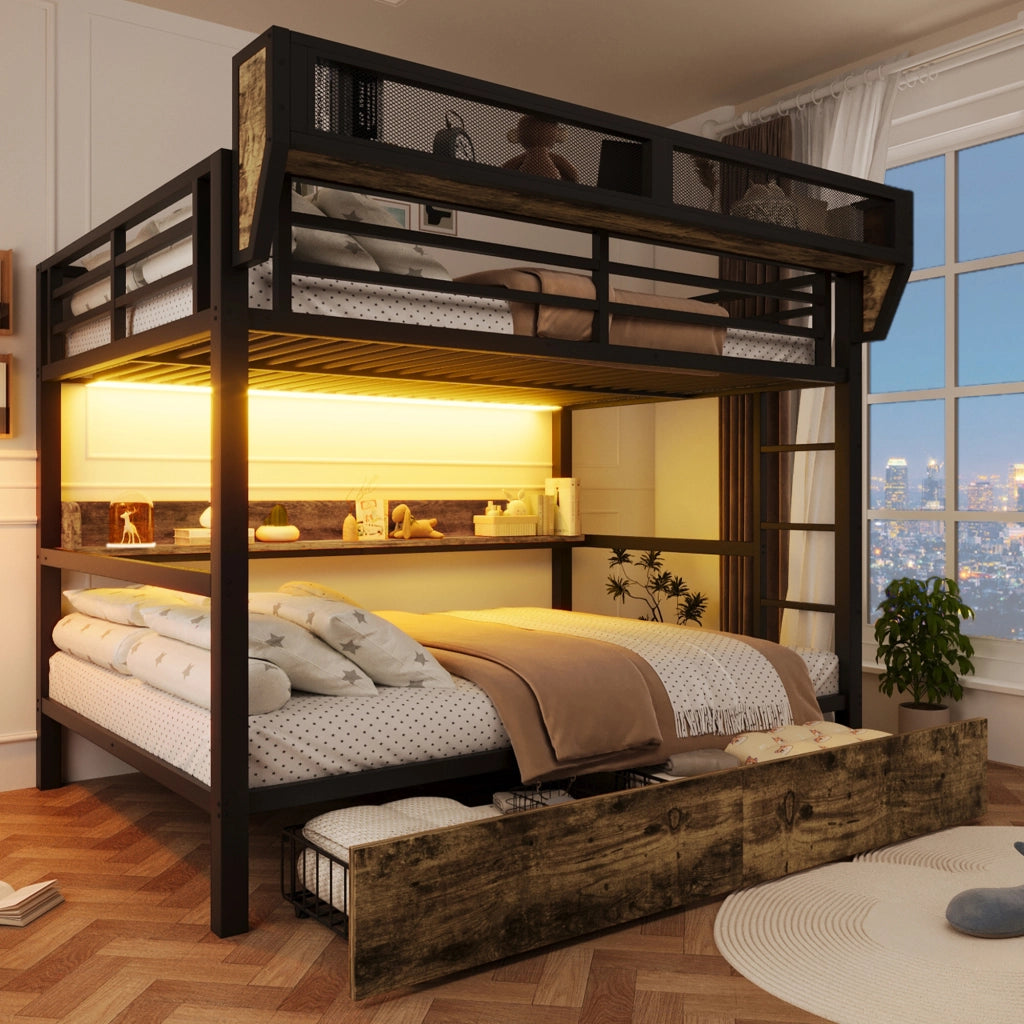 Letto a Castello 140x200 cm; Regale; 2 Cassetti; LED e Cestino; in MDF e Metallo; Nero