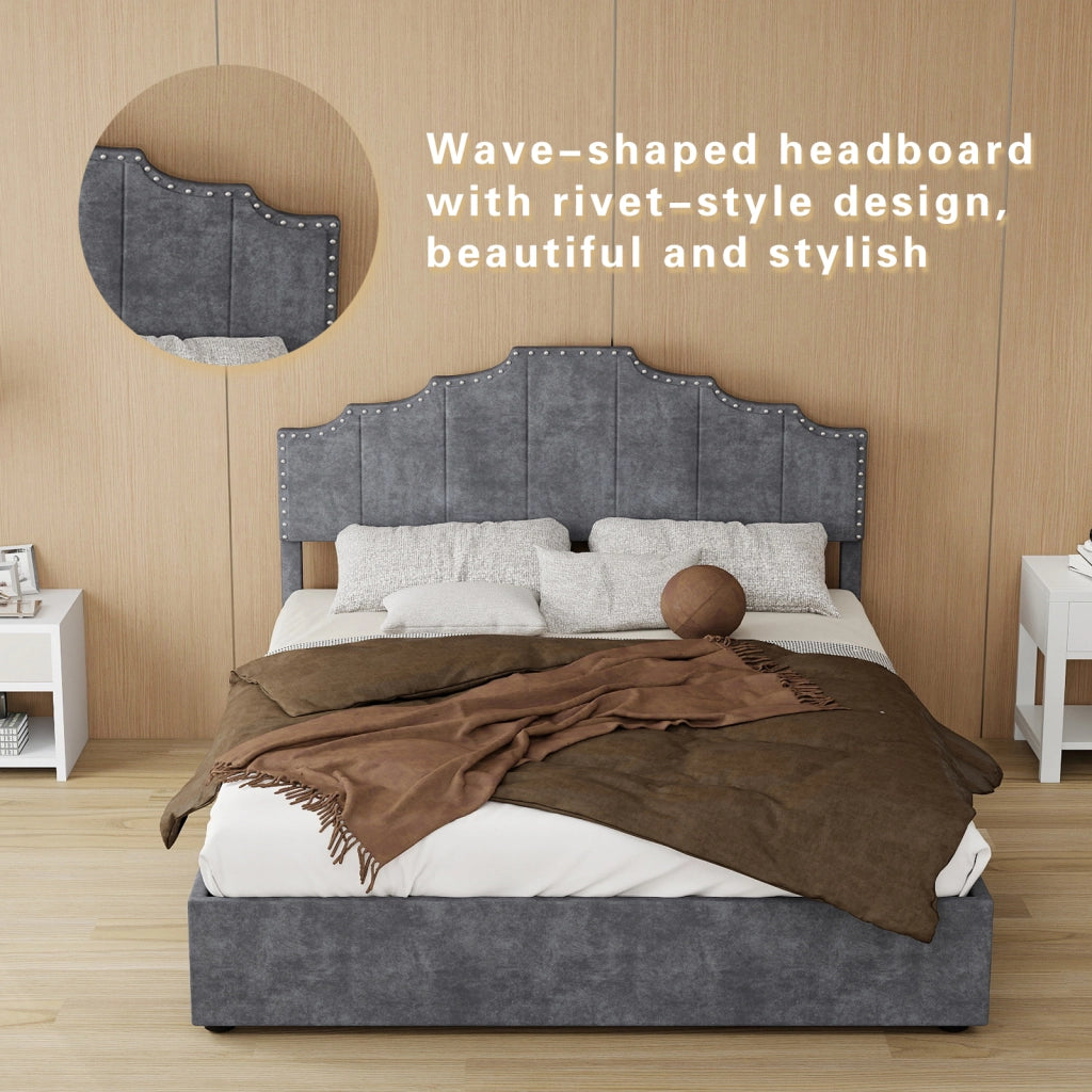 DESMIU Letto 140 × 200 cm 2 posti con testiera geometrica e materasso incluso, in velluto grigio