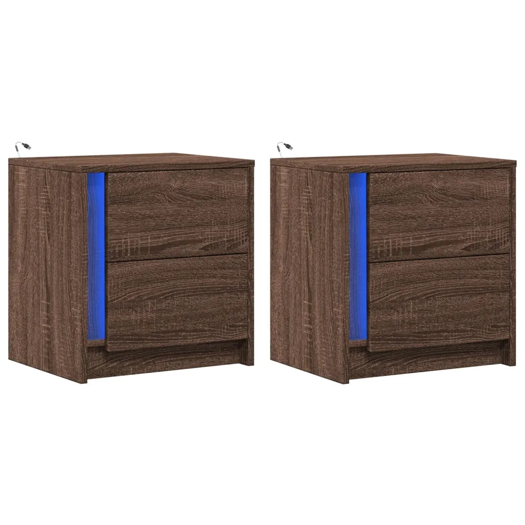 Comodini con Luci LED 2pz Rovere Marrone in Legno Multistrato