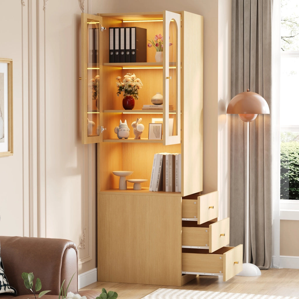 Libreria alta e stretta 60x40x200 cm effetto rovere, vetrina in vetro temperato, LED multicolore, 3 cassetti, reversibile
