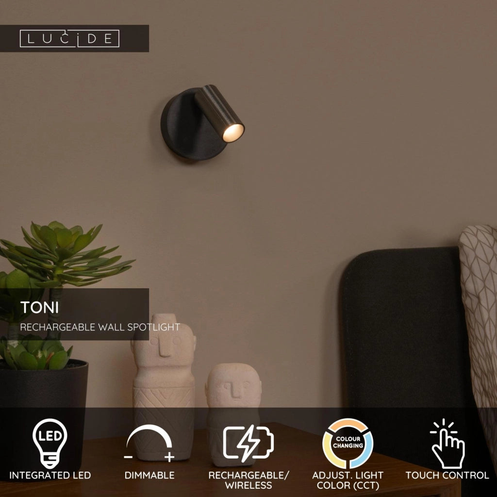 Faretto da parete LED TONI Lucide rotondo grigio/nero