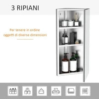 Armadietto Angolare Bagno in Acciaio Anta a Specchio Chiusura Magnetica 3 Ripiani Salvaspazio 60x30x18.4cm