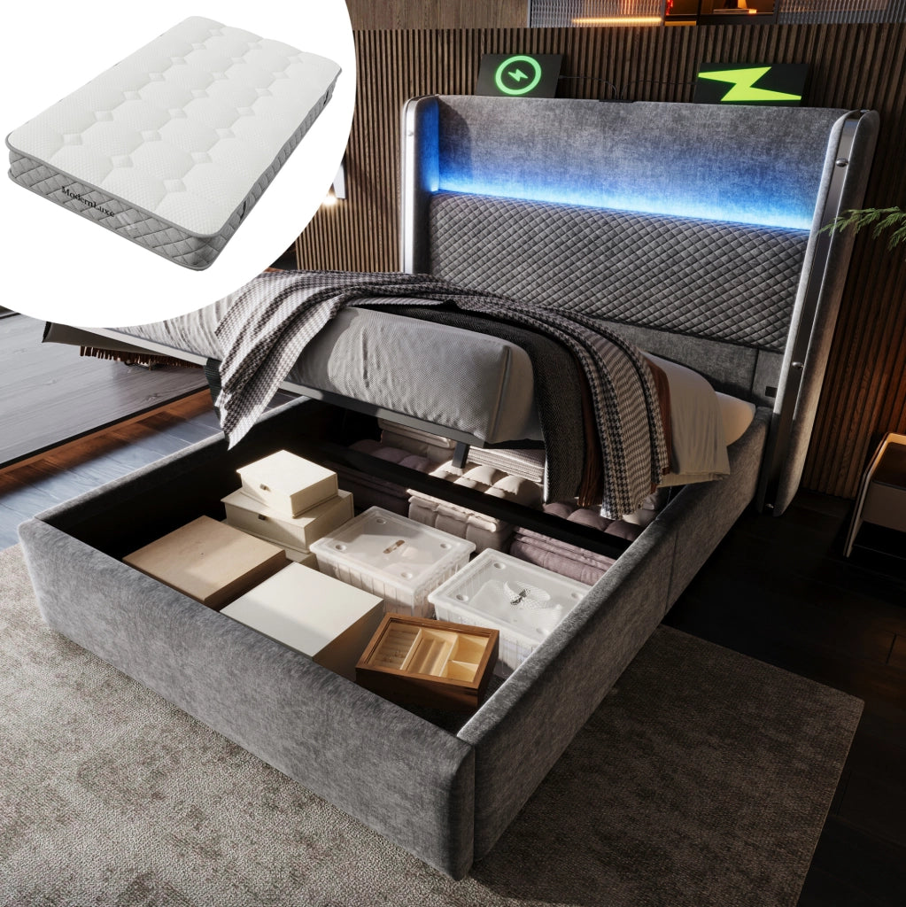 Letto singolo idraulico 90x200 cm con LED, USB-C e materasso