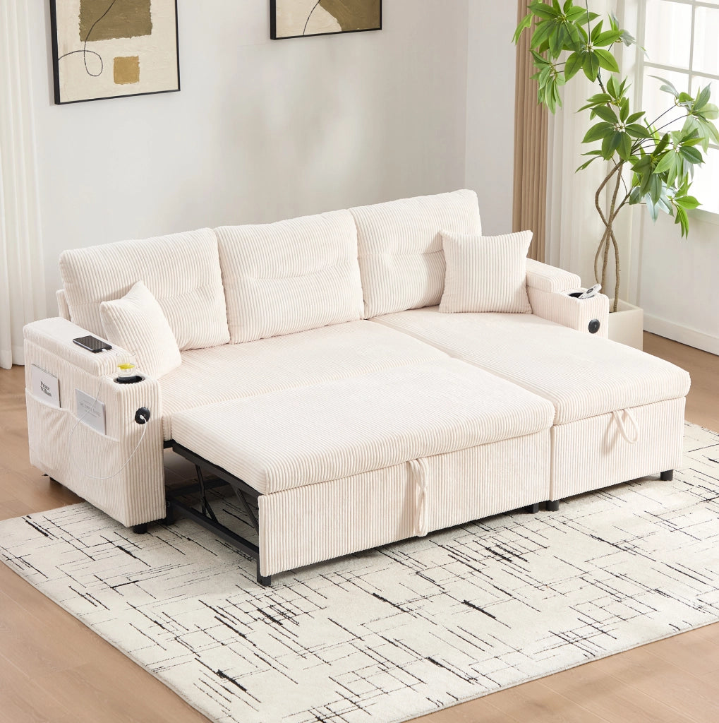 Divano 3 posti in tessuto corduroy beige con chaise longue idraulica; letto estraibile e USB-C