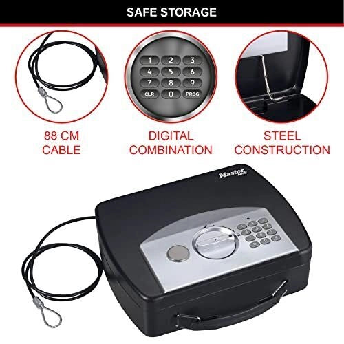 Master Lock P008EML Cassaforte Portatile con Combinazione Digitale e Cavo d'Acciaio Capacita' 2.17 L Alimentazione 4 AA (non incluse) Chiavi di Emergenza Incluse colore Nero