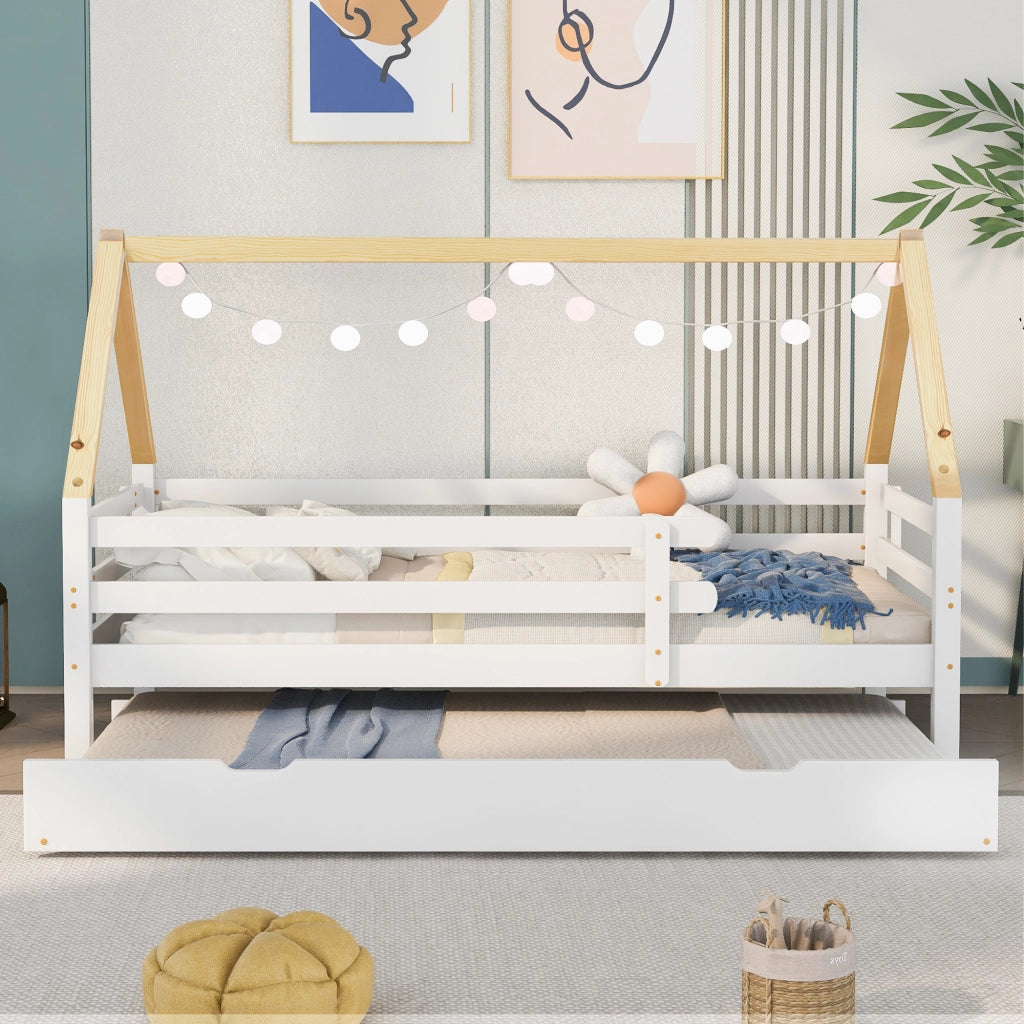 Letto a castello con letto estraibile bianco e naturale in legno massello 90x200 cm
