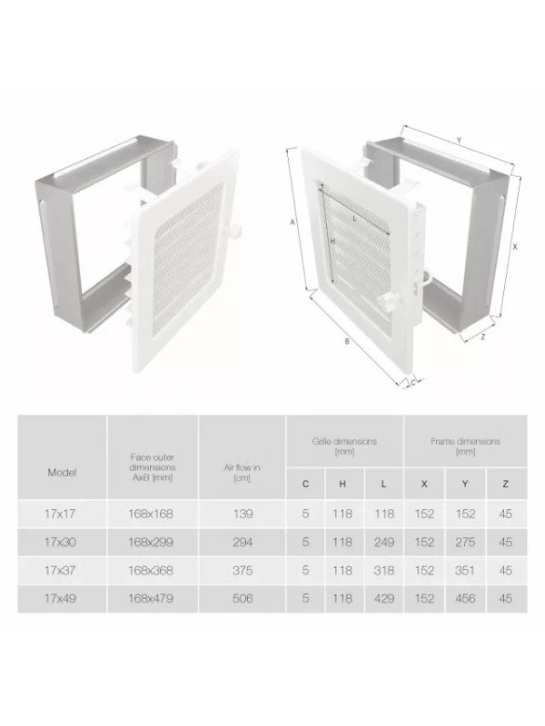 Griglia di ventilazione per camino 17x17 bianca con tapparelle avvolgibili