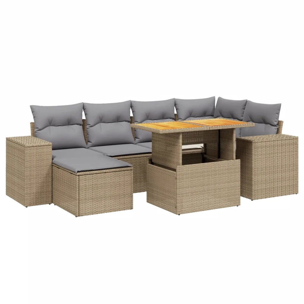 Set Divani da Giardino 7 pz con Cuscini Beige in Polyrattan