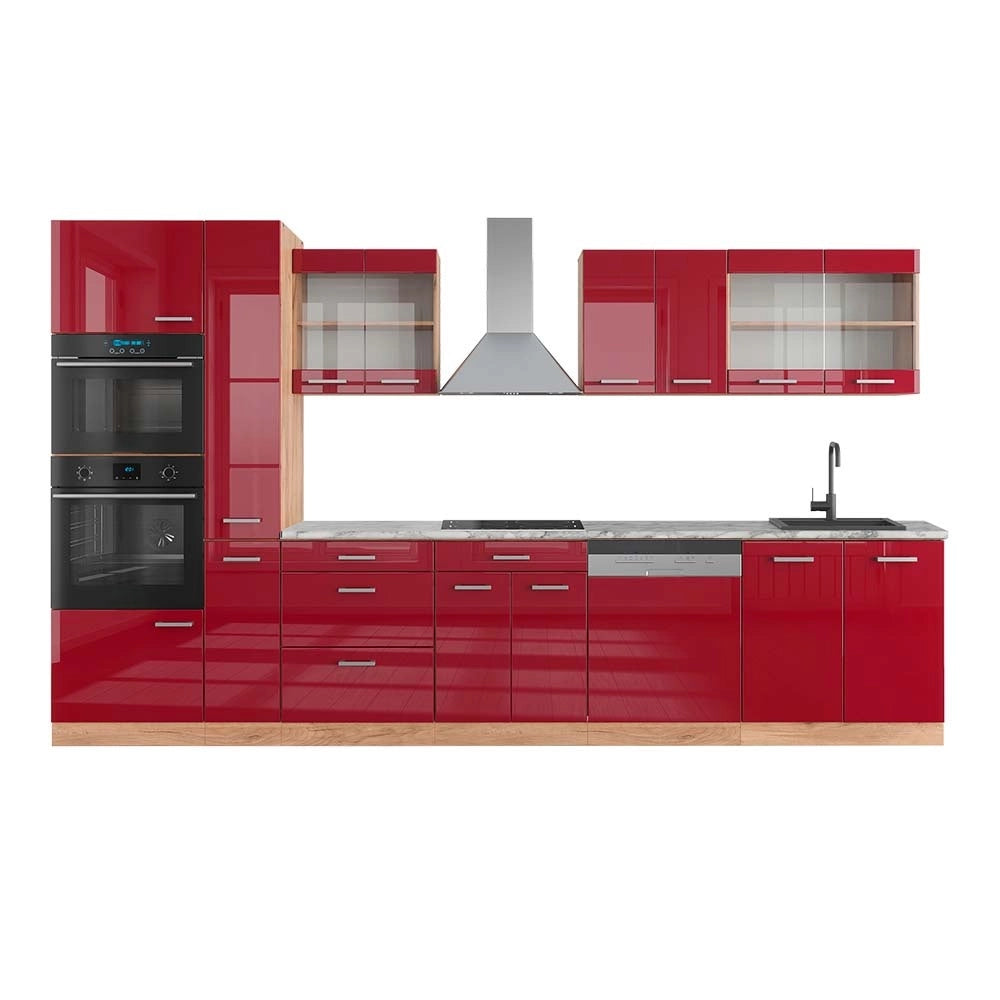 Cucina componibile R-Line Rosso lucido/Rovere dorato 350 cm con armadio alto, PL Marmo Vicco