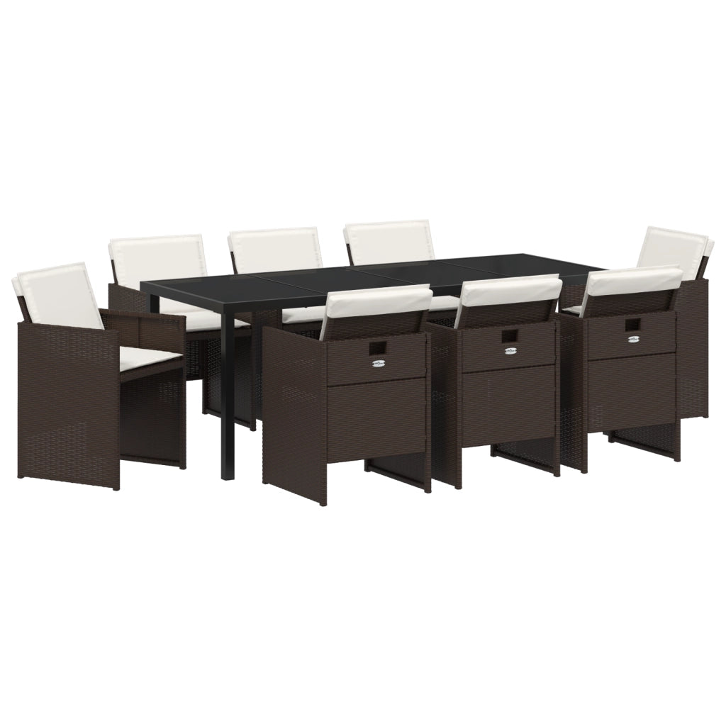 Set da Pranzo per Giardino 9 Pezzi con Cuscini Rattan Polimerico Marrone