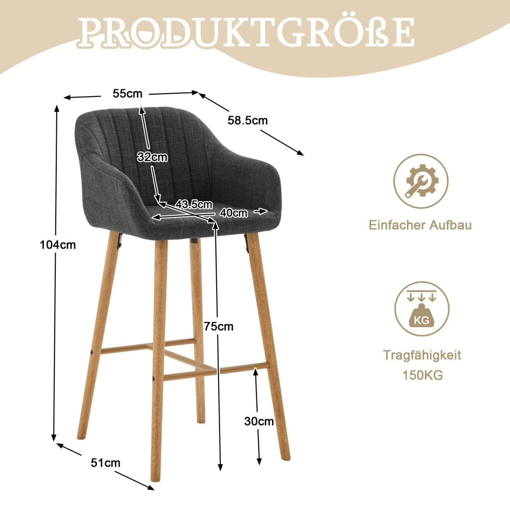 Set di 2 sgabelli da bar con schienale alto; braccioli e seduta in lino nero; 58;5 x 55 x 104 cm