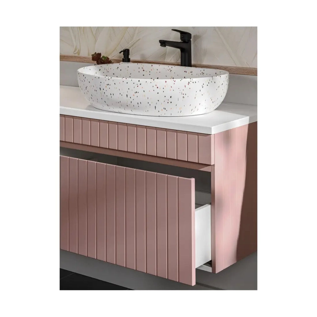 Set ICON: mobile sottolavabo 60cm rosa cipria + piano per lavabo bianco + lavabo da appoggio marmorizzato