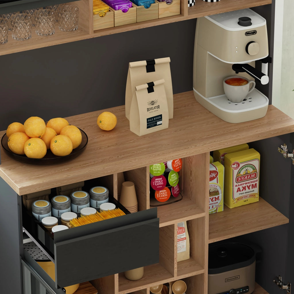 Credenza alta moderna 105×45×185 cm con ante lucide, cassetto, ripiani regolabili e vano aperto