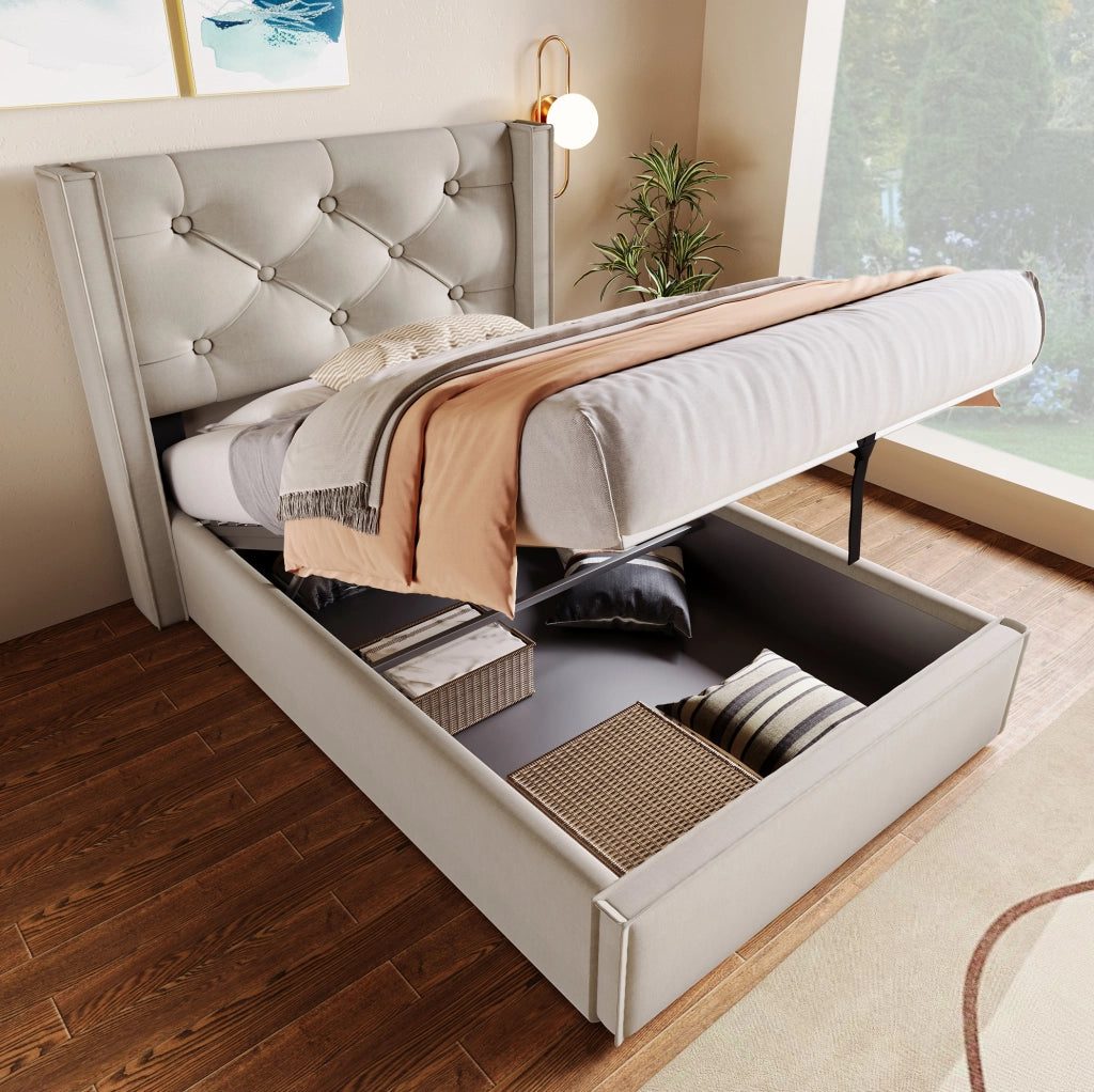 Letto singolo imbottito 90x200 cm con contenitore e rete sollevabile; grigio chiaro