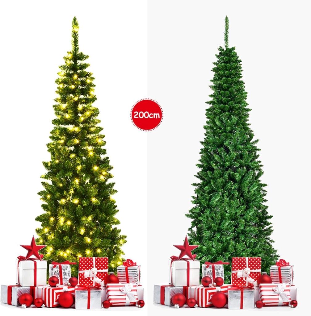 Albero di Natale 135/200/225 cm, Albero di Natale Slim con 150/250/350 Luci a LED Calde, 226/708/1085 Rami Folti e Base di Metallo, Ideale per Casa, Ufficio e Negozio (200 cm)