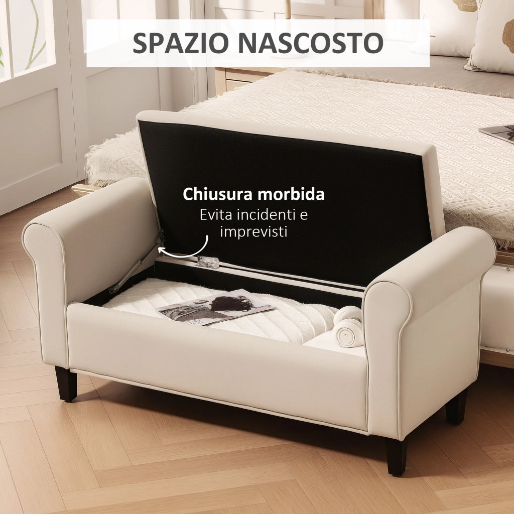 Panca Contenitore Fondoletto  126x48,5x57 cm con Braccioli Alti in Tessuto Effetto Velluto Beige