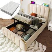 Letto singolo 90x200 cm imbottito in lino beige con USB Tipo-C; contenitore idraulico e materasso