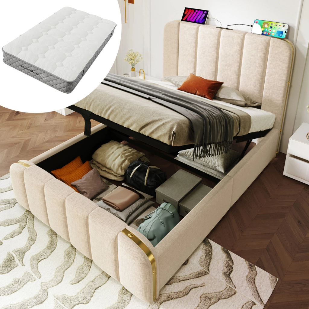 Letto singolo 90x200 cm imbottito in lino beige con USB Tipo-C; contenitore idraulico e materasso