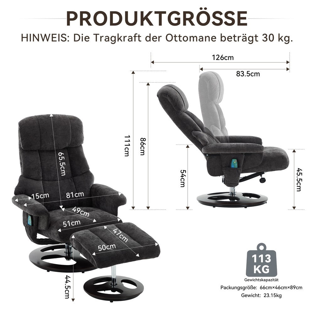 Poltrona Relax Massaggiante Reclinabile con Poggiapiedi ¨C Xylo ¨C Girevole, Tessuto Scuro
