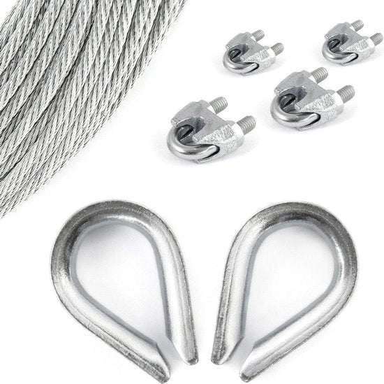 Set di cavi in acciaio - 6 x 7 medio morbido - 50 metri - acciaio inox - 2 x guaine - 3 mm - 4 x morsette a compressione - 3 mm - cavo in acciaio per supporti di corda - cavo in acciaio per boschi - cavo in acciaio per funi.