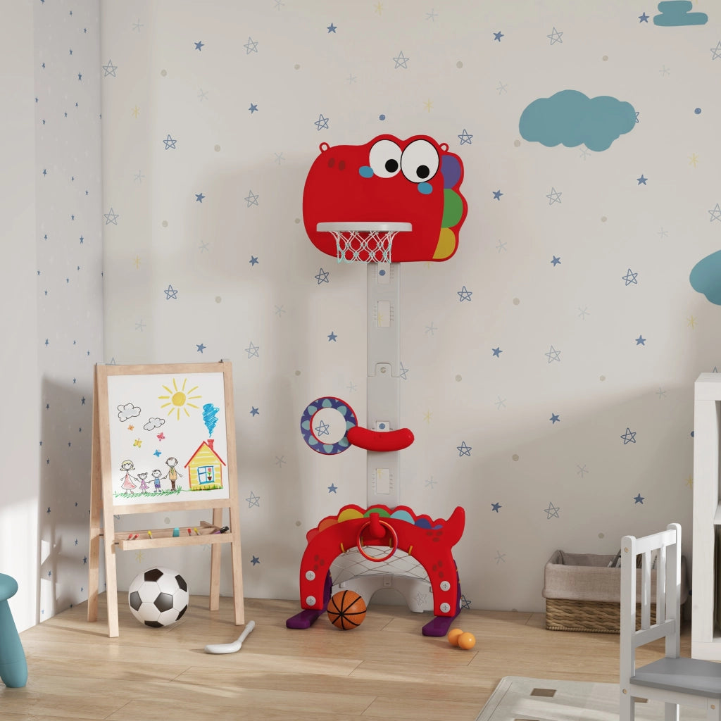 Canestro Basket per Bambini 5 in 1 con Altezza Regolabile, Porta da Calcio e Golf, Et¨¤ 3-6 Anni, Rosso