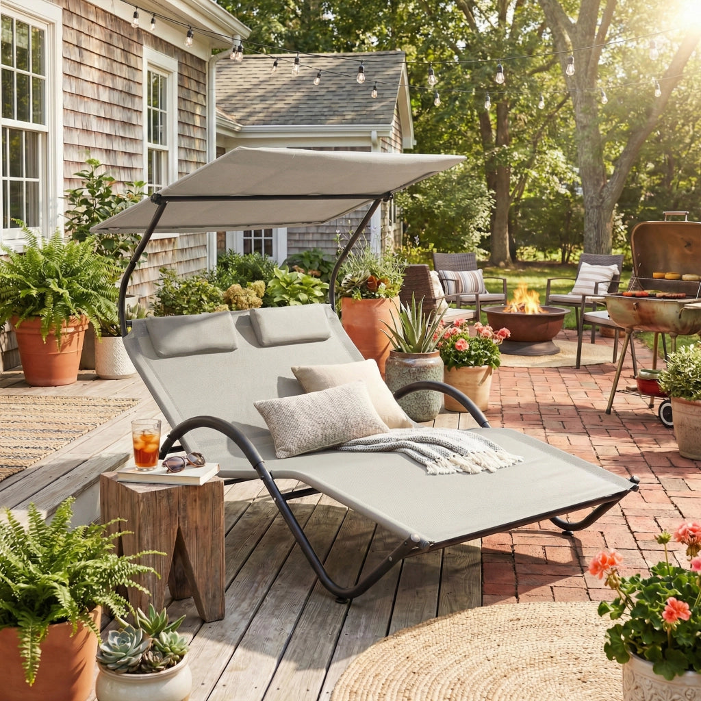 Chaise Longue da Esterno con Cuscino e Ruote ¨C Zephmum ¨C Grigio Poliestere Acciaio 200x60x40