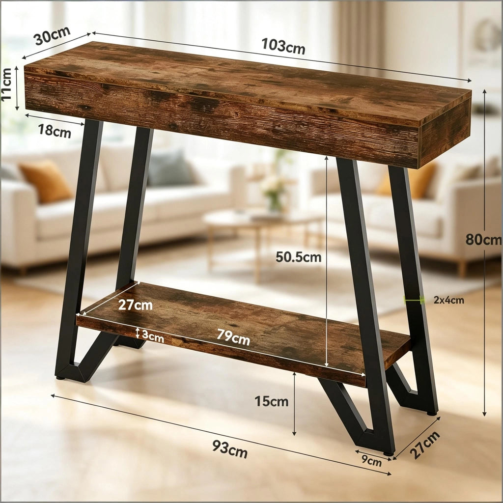 Tavolino basso rettangolare con 2 ripiani, stile vintage industriale, per soggiorno e ingresso, in MDF e metallo, nero